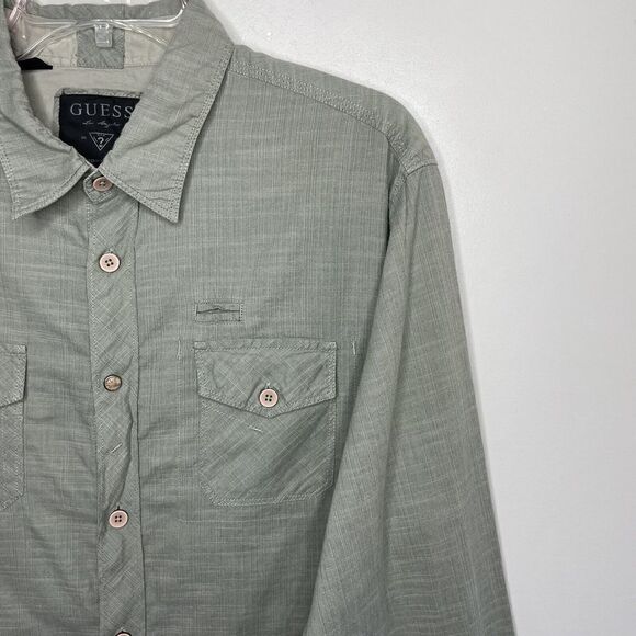 GUESS Mens Button-Up Long-Sleeve Shirt Sz XL 100% Cotton Green Woven Western - Picture 2 of 11